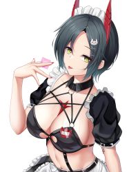 Rule 34 | 1girl, absurdres, apron, azur lane, bikini, black hair, black skirt, breast strap, breasts, cat hair ornament, cleavage, collarbone, commentary request, condom, condom wrapper, cowboy shot, detached collar, earrings, frilled apron, frilled skirt, frills, gradient hair, hair between eyes, hair ornament, hand up, highres, holding, holding condom, horns, jewelry, looking at viewer, maid, maid bikini, maid headdress, medium breasts, midriff, multicolored hair, nail polish, name tag, navel, o-ring, o-ring top, official alternate costume, piercing, puffy short sleeves, puffy sleeves, red horns, red nails, saliva, saliva trail, shenqi (toid310), short hair, short sleeves, sidelocks, simple background, skirt, smile, solo, standing, sweat, swimsuit, tongue, tongue out, tongue piercing, ulrich von hutten (azur lane), ulrich von hutten (mayhem maid) (azur lane), unconventional maid, white apron, white background, yellow eyes