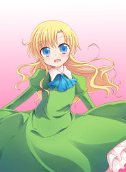 Rule 34 | 1girl, :d, ascot, blonde hair, blue eyes, dress, gradient background, green dress, ib (kouri), kashiwadokoro, long hair, looking at viewer, mary (ib), open mouth, simple background, smile, solo