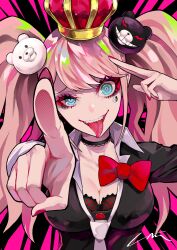 1girl bad_id bad_tumblr_id bear_hair_ornament black_background black_bra black_choker black_shirt blonde_hair blue_eyes bow bra breasts buttons choker cleavage collared_shirt commentary_request crown danganronpa:_trigger_happy_havoc danganronpa_(series) enoshima_junko hair_ornament lam_(ramdayo) large_breasts long_hair long_sleeves looking_at_viewer nail_polish necktie official_art pink_background pointing pointing_at_viewer portrait red_bow red_crown red_nails ringed_eyes shirt sidelocks signature solo tongue tongue_out twintails underwear white_necktie wide-eyed