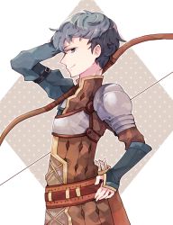 Rule 34 | 1boy, armor, arrow (projectile), bad id, bad pixiv id, blue eyes, blue hair, bow (weapon), fire emblem, fire emblem echoes: shadows of valentia, highres, male focus, nintendo, python (fire emblem), quiver, simple background, solo, sushitarou, upper body, weapon, white background