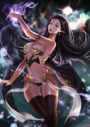 Rule 34 | 1girl, arm at side, armlet, bare shoulders, bikini, bikini bottom only, black bikini, black hair, black nails, black thighhighs, black wings, breasts, chicle, cleavage, cowboy shot, earrings, eyelashes, eyeliner, feathered wings, fingernails, glowing, gluteal fold, hand up, highres, jewelry, large breasts, legs together, lips, long fingernails, long hair, looking at viewer, low wings, magic, makeup, medium breasts, nail polish, navel, nose, original, parted lips, pointy ears, purple eyes, red lips, revealing clothes, solo, spread wings, swimsuit, teeth, thigh gap, thighhighs, upper teeth only, wings