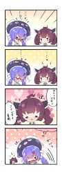 Rule 34 | &gt; &lt;, ..., 0 0, 2girls, 4koma, :d, = =, ?, ahoge, bare shoulders, black headwear, blue hair, blue shirt, blush, bow, brown hair, closed eyes, closed mouth, comic, commentary request, emphasis lines, fang, flying sweatdrops, hair between eyes, hair bow, hair ornament, hairclip, hat, heart, highres, japanese clothes, kimono, long hair, low twintails, milkpanda, multiple girls, nose blush, one side up, open mouth, otomachi una, otomachi una (talkex), polka dot, polka dot background, sailor collar, shirt, sleepy, sleeveless, sleeveless shirt, smile, striped, striped bow, touhoku kiritan, translation request, twintails, vocaloid, voiceroid, white kimono, white neckwear, white sailor collar