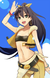 Rule 34 | 1girl, :d, antenna hair, arm up, bad id, bad pixiv id, belt, black eyes, black hair, bow, bracelet, fang, ganaha hibiki, hair bow, idolmaster, idolmaster (classic), jewelry, lens flare, live for venus, long hair, looking at viewer, midriff, navel, open mouth, ponytail, prime, sketch, smile, solo, strapless, tube top, waving