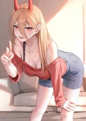 Rule 34 | 1girl, absurdres, bare shoulders, bent over, blonde hair, breasts, chainsaw man, cleavage, collarbone, couch, hair between eyes, hand up, highres, horns, indoors, large breasts, long hair, long sleeves, looking at viewer, off-shoulder shirt, off shoulder, orange eyes, parted lips, po ppe, power (chainsaw man), red shirt, shirt, short shorts, shorts, smile, solo, teeth, thighs, v