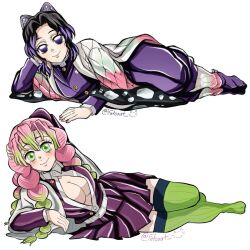 2girls arm_support artist_name black_skirt braid breasts butterfly_hair_ornament cleavage commentary english_commentary fatcaat_3 full_body gradient_hair green_eyes green_hair green_thighhighs hair_ornament highres kanroji_mitsuri kimetsu_no_yaiba kochou_shinobu large_breasts long_hair looking_at_viewer lying multicolored_hair multiple_braids multiple_girls on_side pink_hair pleated_skirt purle_jacket purple_eyes purple_hair short_hair signature simple_background skirt smile thighhighs two-tone_hair white_background