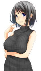 Rule 34 | 1girl, absurdres, black hair, blue eyes, blush, breast hold, breasts, earrings, grin, highres, jewelry, looking at viewer, original, retsumaru, ribbed sweater, short hair, sleeveless, sleeveless turtleneck, smile, solo, standing, sweater, turtleneck, white background