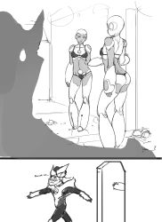 Rule 34 | 1boy, 1girl, 2koma, :o, against wall, android, armor, ass, aya (green lantern), back, bad id, bad tumblr id, bald, blurry, blush, bodysuit, bra, breasts, comic, contrapposto, darren geers, dc comics, depth of field, embarrassed, emblem, english text, eye contact, from side, full body, g-string, gloves, green lantern, green lantern: the animated series, green lantern (series), greyscale, groin, highres, humanoid robot, indoors, joints, kneepits, lingerie, lips, looking at another, looking at viewer, medium breasts, mirror, mirror image, monochrome, nose blush, open mouth, outstretched arms, panties, razer (green lantern), reflection, robot, robot joints, sideboob, signature, silhouette, sketch, solo focus, spread arms, standing, strap gap, string panties, superhero costume, sweatdrop, thong, underwear, underwear only, walk-in, walking