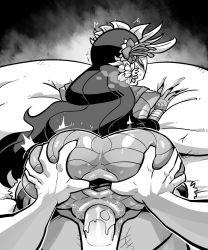Rule 34 | 1girl, 2boys, anus, armor, bed sheet, blush, breath, cape, commission, danu, fingernails, flower, fur trim, greyscale, group sex, hair flower, hair ornament, highres, long hair, looking back, mmf threesome, monochrome, multiple boys, open mouth, pauldrons, penis, pussy, pussy juice, rariatto (ganguri), sex, shin megami tensei, shin megami tensei iv, shin megami tensei iv final, shoulder armor, spread anus, threesome, trembling, uncensored, vaginal
