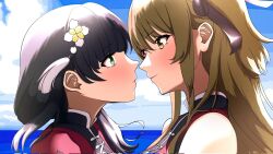 Rule 34 | 2girls, assault lily, bare shoulders, black hair, black ribbon, blue sky, brown hair, closed mouth, cloud, eye contact, face-to-face, flower, from side, green eyes, hair between eyes, hair flower, hair ornament, hair ribbon, heterochromia, highres, horizon, kuo shenlin, light blush, long hair, looking at another, low ponytail, multiple girls, nifu (nixets), ocean, official alternate costume, one side up, portrait, profile, red eyes, red shirt, ribbon, shirt, side ponytail, sidelocks, sky, sleeveless, sleeveless shirt, smile, tassel, tassel hair ornament, wang yujia, white flower, yellow eyes, yuri