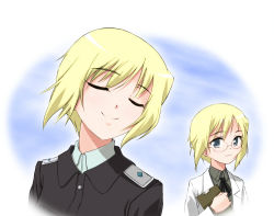 Rule 34 | 2girls, bad id, bad pixiv id, blonde hair, blue eyes, closed eyes, erica hartmann, glasses, lab coat, military, military uniform, multiple girls, sayu (mio-mosa), short hair, siblings, sisters, smile, strike witches, strike witches: suomus misfits squadron, twins, uniform, ursula hartmann, world witches series