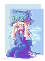 Rule 34 | 1girl, blue eyes, blue hair, bow, cirno, crying, closed eyes, green hair, mary janes, matching hair/eyes, multicolored hair, north abyssor, open mouth, purple hair, shoes, short hair, sitting, solo, tears, embodiment of scarlet devil, touhou, wariza, wings, wiping tears