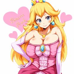 Rule 34 | 1girl, blonde hair, blue eyes, blush, breasts, brooch, bursting breasts, character name, cleavage, contrapposto, crown, dress, earrings, elbow gloves, gloves, hand on own hip, heart, huge breasts, jewelry, long hair, looking at viewer, mario (series), nintendo, no bra, pendant, pink gloves, princess, princess peach, runaru, smile, solo, super mario bros. 1