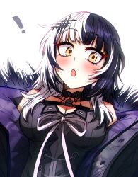 Rule 34 | !, 1girl, :o, black choker, black coat, black dress, black hair, blush, breasts, chest belt, choker, cleavage, coat, commentary, ddolbang, dress, fur-trimmed coat, fur trim, grey hair, hair ornament, highres, hololive, hololive english, lace, lace choker, large breasts, long hair, looking at viewer, multicolored hair, off shoulder, open clothes, open coat, open mouth, shiori novella, shiori novella (1st costume), simple background, solo, split-color hair, symbol-only commentary, two-tone hair, upper body, virtual youtuber, white background, wide-eyed, yellow eyes