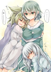 Rule 34 | ..., 3girls, alternate costume, alternate hairstyle, breast lift, breast rest, breasts, brown hair, casual, closed eyes, green eyes, green hair, highres, hug, large breasts, leaning on person, leaning to the side, long hair, mimoto (aszxdfcv), mononobe no futo, multiple girls, pajamas, pointy hair, short hair, side-by-side, silver hair, sitting, sleeping, sleeping on person, soga no tojiko, touhou, toyosatomimi no miko, translation request