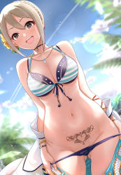 Rule 34 | 1girl, :d, bare shoulders, belt, bikini, bikini pull, black bikini, black choker, blonde hair, blue sky, blush, bracelet, braid, breasts, brown eyes, choker, cleavage, clothes pull, collarbone, contrail, cowboy shot, crown braid, day, dutch angle, flower, gluteal fold, groin, hair flower, hair ornament, heart, heart tattoo, highres, idolmaster, idolmaster cinderella girls, jewelry, layered bikini, lens flare, looking at viewer, medium breasts, mk (mod0), navel, necklace, off shoulder, open clothes, open fly, open mouth, outdoors, palm tree, pubic tattoo, pulling own clothes, round teeth, shiomi syuko, short hair, sky, smile, solo, stomach, striped bikini, striped clothes, sweat, swimsuit, tattoo, teeth, tree, upper teeth only, yellow flower