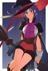 Rule 34 | 1girl, asagi (banzoku210), blue eyes, blue hair, boots, braid, broom, brown footwear, crescent moon, female focus, fire emblem, fire emblem: mystery of the emblem, fire emblem: new mystery of the emblem, gauntlets, halloween, halloween costume, hat, highres, kris (fire emblem), long hair, matching hair/eyes, moon, nintendo, ponytail, ribbon, scarf, shorts, side braid, smile, solo, witch, witch hat