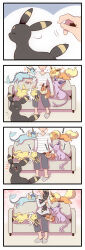 Rule 34 | 1other, 4koma, absurdres, blush, carrying, comic, couch, creatures (company), eevee, espeon, flareon, game freak, gen 1 pokemon, gen 2 pokemon, heart, heart background, highres, jolteon, motion lines, nintendo, pako (pousse-cafe), pokemon, pokemon (creature), shirt, silent comic, sitting, sleeping, slippers, striped clothes, striped shirt, tsundere, umbreon, vaporeon, zzz