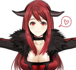 Rule 34 | 10s, 1girl, blush, breasts, choker, cleavage, collar, covered erect nipples, fur trim, heart, highres, horns, huge breasts, incoming hug, leaning forward, long hair, maou (maoyuu), maoyuu maou yuusha, nohnon, red eyes, red hair, simple background, smile, solo, spoken heart, white background