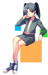 Rule 34 | 00s, 1girl, amasawa yuuko, buttons, dennou coil, green jacket, green skirt, jacket, long sleeves, looking at viewer, matsuzaki yutaka, open clothes, open jacket, pencil skirt, shoelaces, shoes, sitting, skirt, sneakers, solo, twintails, unbuttoned