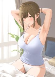 1girl, ahoge, armpits, arms behind head, arms up, bangs, bare arms, bare shoulders, bed, blanket, blush, breasts, brown hair, camisole, cleavage, collarbone, commentary request, condom wrapper, cowboy shot, curtains, floral print, grey camisole, hair down, hibinpo, highres, idolmaster, idolmaster shiny colors, indoors, kuwayama chiyuki, large breasts, light smile, long hair, looking at viewer, morning, on bed, panties, parted lips, pillow, plant, print panties, shiny, shiny hair, sidelocks, sitting, skindentation, solo, tying hair, underwear, underwear only, white panties, wristband, yellow eyes