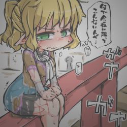 Rule 34 | 1girl, 3:, 3:&lt;, blonde hair, blush, bodypaint, bridge, crying, dripping, exhibitionism, frown, green eyes, half updo, kureha mitsushige, looking at viewer, mizuhashi parsee, nude, painted clothes, pointy ears, public indecency, scarf, sitting, solo, sweat, tears, touhou, v-shaped eyebrows, wavy mouth