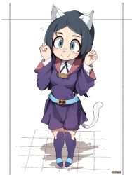 Rule 34 | 1girl, animal ears, aqua eyes, bad id, bad pixiv id, barbara parker, bell, blue hair, boots, breasts, cat ears, cat tail, closed mouth, collar, dress, full body, hands up, heart, highres, little witch academia, long hair, long sleeves, once 11h, paw pose, purple dress, purple footwear, purple hood, purple ribbon, ribbon, shirt, simple background, small breasts, smile, solo, standing, tail, white background, white shirt
