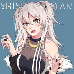 Rule 34 | 1girl, animal ears, black nails, blanc (studio artblock), blue background, breasts, cleavage, ear piercing, fang, grey eyes, grey hair, highres, hololive, lips, nail polish, open mouth, piercing, see-through, see-through cleavage, shishiro botan, shishiro botan (1st costume), simple background, solo, tongue, upper body, virtual youtuber