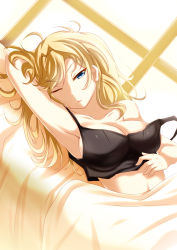 Rule 34 | 1girl, arm behind head, armpits, ayasato karen, bed, blonde hair, blue eyes, breasts, collarbone, dutch angle, hand on own stomach, highres, large breasts, long hair, looking at viewer, lying, messy hair, new game!, on back, on bed, one eye closed, open mouth, solo, strap slip, tank top, upper body, waking up, window, yagami kou