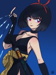 Rule 34 | 1girl, artist request, bare shoulders, black hair, bob cut, breasts, cleavage, dress, gradient background, hairband, inuyasha, large breasts, lips, lipstick, looking at viewer, makeup, no bra, red eyes, revealing clothes, sakasagami no yura, shiny skin, short dress, simple background, smile, solo