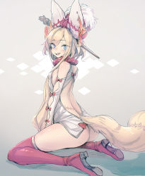 Rule 34 | 10s, 1girl, animal ears, ass, backless outfit, bad id, bad tumblr id, bee (deadflow), blonde hair, blue eyes, breasts, dress, fox ears, fox girl, fox tail, hair ornament, hair stick, last period, looking at viewer, microdress, ofuda, red footwear, red legwear, scar, shoes, sitting, sketch, small breasts, smile, solo, tail, uuryuu (last period), wariza, white dress