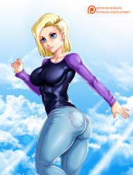 Rule 34 | 1girl, android 18, artist name, ass, back, blonde hair, breasts, dragon ball, dragonball z, female focus, highres, huge ass, large breasts, legs, looking at viewer, patreon, r3ydart, short hair, sky, smile, solo