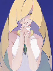 Rule 34 | 1girl, artist request, blonde hair, blue background, brooch, covering own mouth, creatures (company), game freak, gem, green eyes, green gemstone, hair over one eye, hands up, highres, interlocked fingers, jewelry, long hair, lusamine (pokemon), nintendo, pokemon, pokemon sm, smile, solo, upper body