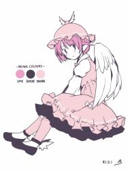 Rule 34 | 1girl, animal ears, bow, dated, dress, flat color, from side, full body, hat, long sleeves, looking at viewer, mob cap, mystia lorelei, pink hair, puffy sleeves, rangycrow, reiwa, short hair, signature, sitting, sketch, solo, touhou, vest, winged hat, wings