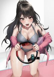 Rule 34 | 1girl, black hair, blue nails, bra, breasts, cleavage, covered erect nipples, expulse, eyebrows hidden by hair, haneame, holding, holding jewelry, holding ring, hood, hoodie, jewelry, joy-con, long hair, medium breasts, nail polish, nervous sweating, off shoulder, open mouth, pink hoodie, ponytail, real life, ring, solo, sweat, thigh strap, underwear