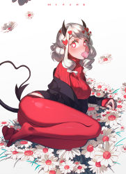 Rule 34 | 1girl, absurdres, ass, black horns, black suit, black tail, blush, breasts, character name, commentary, commentary request, condom, condom in mouth, condom wrapper, daisy, demon girl, demon horns, demon tail, enma (enmanuelart), feet, flower, formal, hair between eyes, heart, heart-shaped pupils, helltaker, highres, horns, large breasts, long sleeves, looking at viewer, lying, modeus (helltaker), mouth hold, no shoes, on side, pantyhose, red eyes, red pantyhose, red sweater, ribbed sweater, shirt, short hair, sidelocks, solo, suit, sweater, swept bangs, symbol-shaped pupils, tail, turtleneck, white hair