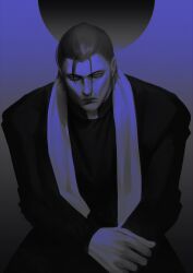 Rule 34 | 1boy, 9gu 84, absurdres, black hair, black robe, blue eyes, cassock, clerical collar, closed mouth, cowboy shot, gradient background, highres, long hair, looking at viewer, loose hair strand, male focus, mature male, ponytail, priest, robe, scar, scar on chin, scar on face, scar on mouth, scar on nose, sergei dragunov, simple background, sitting, solo, stole, tekken