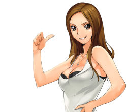 Rule 34 | 1girl, a1 (initial-g), bra, breasts, brown hair, cleavage, female focus, grey eyes, jewelry, lingerie, long hair, necklace, simple background, smile, solo, thumbs up, underwear