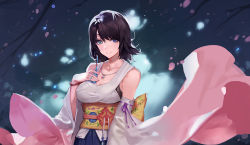 Rule 34 | 00s, bare shoulders, black hair, detached sleeves, final fantasy, final fantasy x, hand on own chest, heterochromia, jewelry, kishiyo, looking to the side, necklace, obi, petals, sash, smile, solo, traditional clothes, wide sleeves, wind, yuna