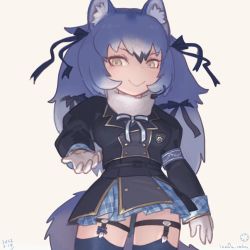 Rule 34 | animal ears, dire wolf (kemono friends), gloves, highres, inada roku, kemono friends, kemono friends v project, necktie, shirt, simple background, skirt, tail, virtual youtuber