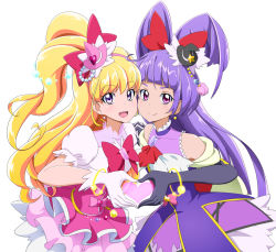 Rule 34 | 2girls, acchi (koiyimknp), asahina mirai, black gloves, black hat, blonde hair, bow, cowboy shot, cure magical, cure miracle, earrings, elbow gloves, gem, gloves, hair bow, half updo, hat, heart, heart hands, heart hands duo, highres, izayoi liko, jewelry, long hair, looking at viewer, magical girl, mahou girls precure!, mini hat, mini witch hat, multiple girls, pink bow, pink hat, pink skirt, ponytail, precure, puffy sleeves, purple eyes, purple hair, purple skirt, red bow, riko (mahou girls precure!), skirt, smile, white background, white gloves, witch hat