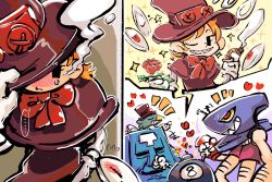 Rule 34 | 1girl, andy anvil, avery (skullgirls), blush, bow, boxing gloves, cigar, closed eyes, flower, fukahiremori, george the bomb, gloves, hat, heart, hiding, highres, one eye closed, orange hair, peacock (skullgirls), red eyes, rose, sharp teeth, skullgirls, smile, speech bubble, teeth, thought bubble, tommy ten-tons, top hat