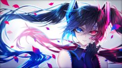 Rule 34 | 1055, 1girl, black hair, blue eyes, closed mouth, dark persona, eyelashes, facial tattoo, fingerless gloves, gloves, gradient background, hair between eyes, hatsune miku, headphones, heterochromia, highres, lips, long hair, looking at viewer, nail polish, necktie, petals, red eyes, sleeveless, solo, tattoo, twintails, very long hair, vocaloid