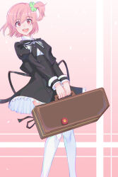 Rule 34 | 1girl, :d, absurdres, artist name, assault lily, black ribbon, black skirt, blush, briefcase, clover hair ornament, commentary, cropped jacket, falling petals, feet out of frame, four-leaf clover hair ornament, frilled skirt, frills, gradient background, hair ornament, high-waist skirt, highres, hitotsuyanagi riri, holding, holding briefcase, juliet sleeves, long sleeves, looking at viewer, miniskirt, neck ribbon, nguyen tam lee, one side up, open mouth, petals, pink background, pink eyes, pink hair, puffy sleeves, ribbon, school uniform, shirt, short hair, skirt, smile, solo, standing, teeth, thighhighs, upper teeth only, v arms, white shirt, white thighhighs, yurigaoka girls academy school uniform