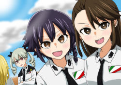 Rule 34 | 4girls, amaretto (girls und panzer), anchovy (girls und panzer), anzio school uniform, asymmetrical bangs, black cape, black hair, black neckwear, black ribbon, blonde hair, blue sky, braid, brown eyes, brown hair, cape, carpaccio (girls und panzer), cloud, cloudy sky, commentary, crossed arms, day, dress shirt, drill hair, dutch angle, emblem, girls und panzer, green hair, hair ribbon, half updo, highres, long hair, long sleeves, looking at another, looking at viewer, medium hair, multiple girls, natsume mina, necktie, open mouth, outdoors, pepperoni (girls und panzer), ribbon, school uniform, selfie, shirt, short hair, side braid, sky, smile, twin drills, twintails, white shirt, wing collar