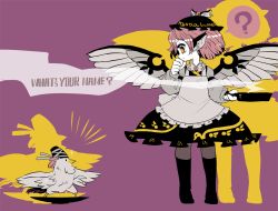 Rule 34 | 2girls, ?, animalization, apron, bird, black hat, black legwear, black skirt, character name, chicken, clothes writing, colored skin, commentary request, english text, frilled apron, frills, frying pan, hat, mononobe no futo, multiple girls, mystia lorelei, pink hair, plate, purple background, skirt, solid oval eyes, spoken question mark, symbol-shaped pupils, tate eboshi, touhou, white skin, winged hat, wings, yellow eyes, yt (wai-tei)
