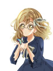 Rule 34 | 1girl, :o, artist name, artist request, blue bow, blue butterfly, blue dress, blue skirt, blush, bow, breasts, brown eyes, brown hair, bug, butterfly, buttons, dress, female focus, frilled sleeves, frills, glasses, hair between eyes, hair bow, highres, insect, kunikida hanamaru, light brown hair, long hair, long sleeves, looking at viewer, love live!, love live! school idol festival, love live! sunshine!!, medium breasts, miniskirt, mitaiken horizon, mitaiken horizon (love live!), parted lips, plaid, plaid dress, plaid skirt, pleated, pleated dress, pleated skirt, ribbon, skirt, smile, solo, striped bow, striped ribbon, white background, white bow, white ribbon, yellow eyes