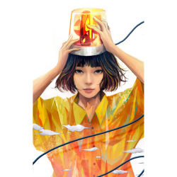 Rule 34 | 1girl, alarm siren, black eyes, black hair, buttons, cloud, collared shirt, commentary, hands on own head, highres, looking at viewer, original, shirt, short hair, simple background, solo, surreal, upper body, wataboku, white background, wire, yellow shirt