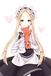 Rule 34 | 1girl, abigail williams (fate), abigail williams (festival outfit) (fate), artist request, bad id, bad pixiv id, black dress, blonde hair, blue eyes, commentary request, dress, fate/grand order, fate (series), hair ornament, heart, highres, long hair, looking at viewer, hugging object, official alternate costume, parted bangs, simple background, sleeves past fingers, sleeves past wrists, solo, stuffed animal, stuffed toy, teddy bear, white background, white dress