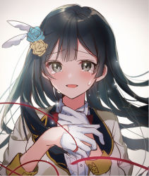 Rule 34 | 1girl, afterschool school idol (love live!), black eyes, black hair, blush, bow, bowtie, collared shirt, cropped jacket, crying, feather hair ornament, feathers, flower, gloves, grey eyes, hair flower, hair ornament, half gloves, idol clothes, long hair, love live!, love live! nijigasaki high school idol club, mizukikushou, one side up, red bow, red bowtie, shirt, solo, tears, white gloves, white shirt, yuki setsuna (love live!)