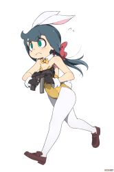 Rule 34 | 1girl, absurdres, animal ears, artist name, bad id, bad pixiv id, bare shoulders, blue hair, bow, bowtie, closed mouth, constanze amalie von braunschbank-albrechtsberger, detached collar, detached sleeves, fake animal ears, formal, frown, full body, green eyes, gun, hair bow, highres, holding, holding gun, holding weapon, leotard, little witch academia, long hair, looking to the side, once 11h, pantyhose, playboy bunny, rabbit ears, rabbit tail, red bow, simple background, solo, suit, sweatdrop, tail, traditional bowtie, walking, weapon, white background, white pantyhose, yellow bow, yellow bowtie, yellow suit